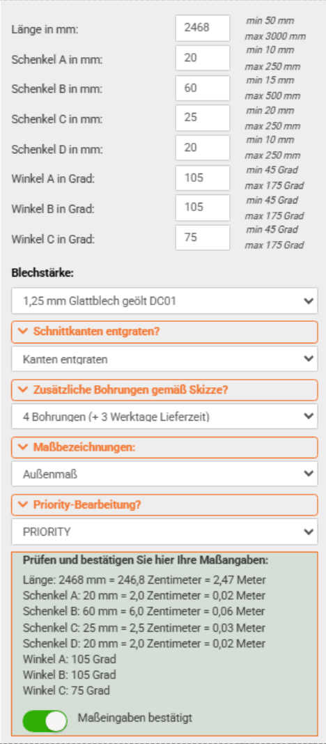 Der Online-Konfigurator von metallparadies.de, hier für die kinderleichte Konfiguration eines Z-Profils.
